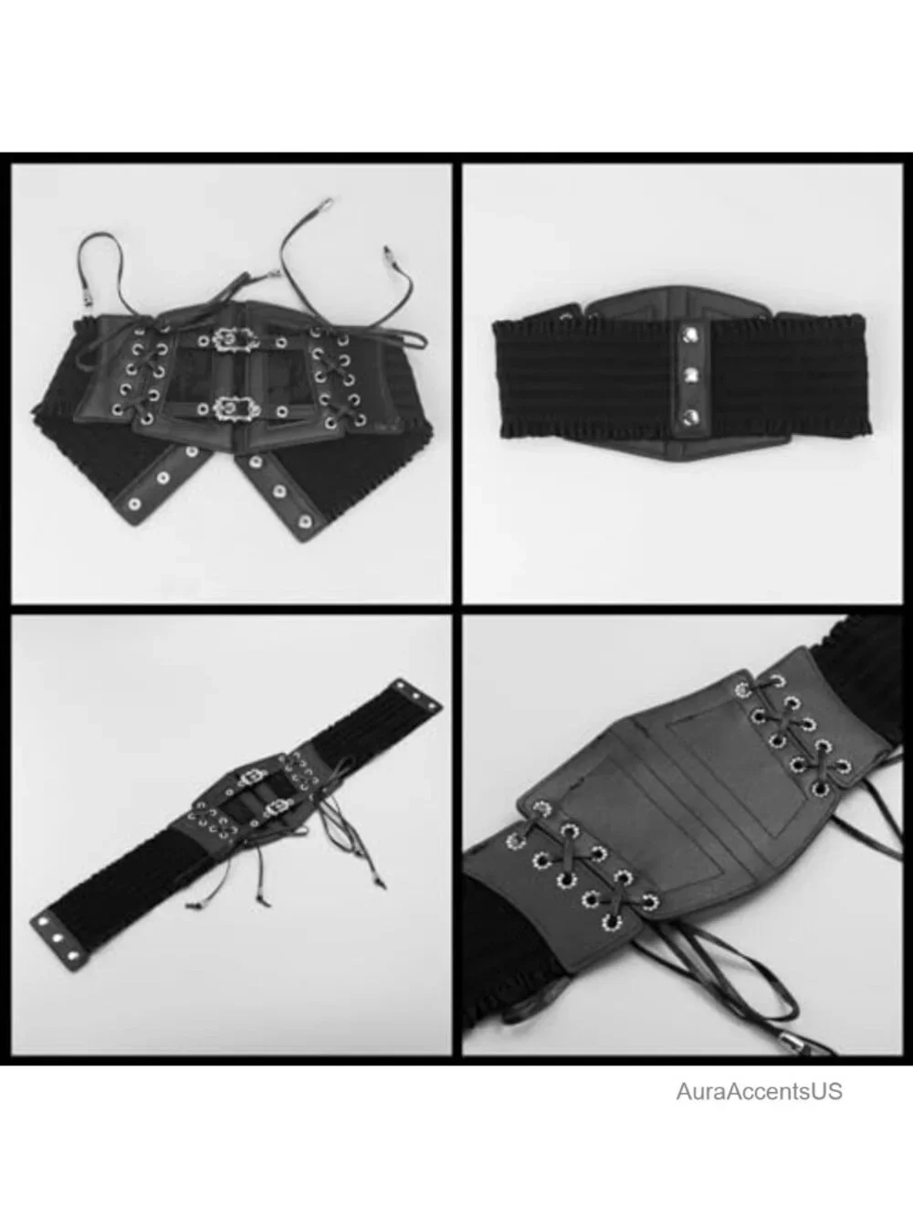 Vintage Faux Leather Corset Belt Sides Lace-up Underbust Wide Elastic Waist